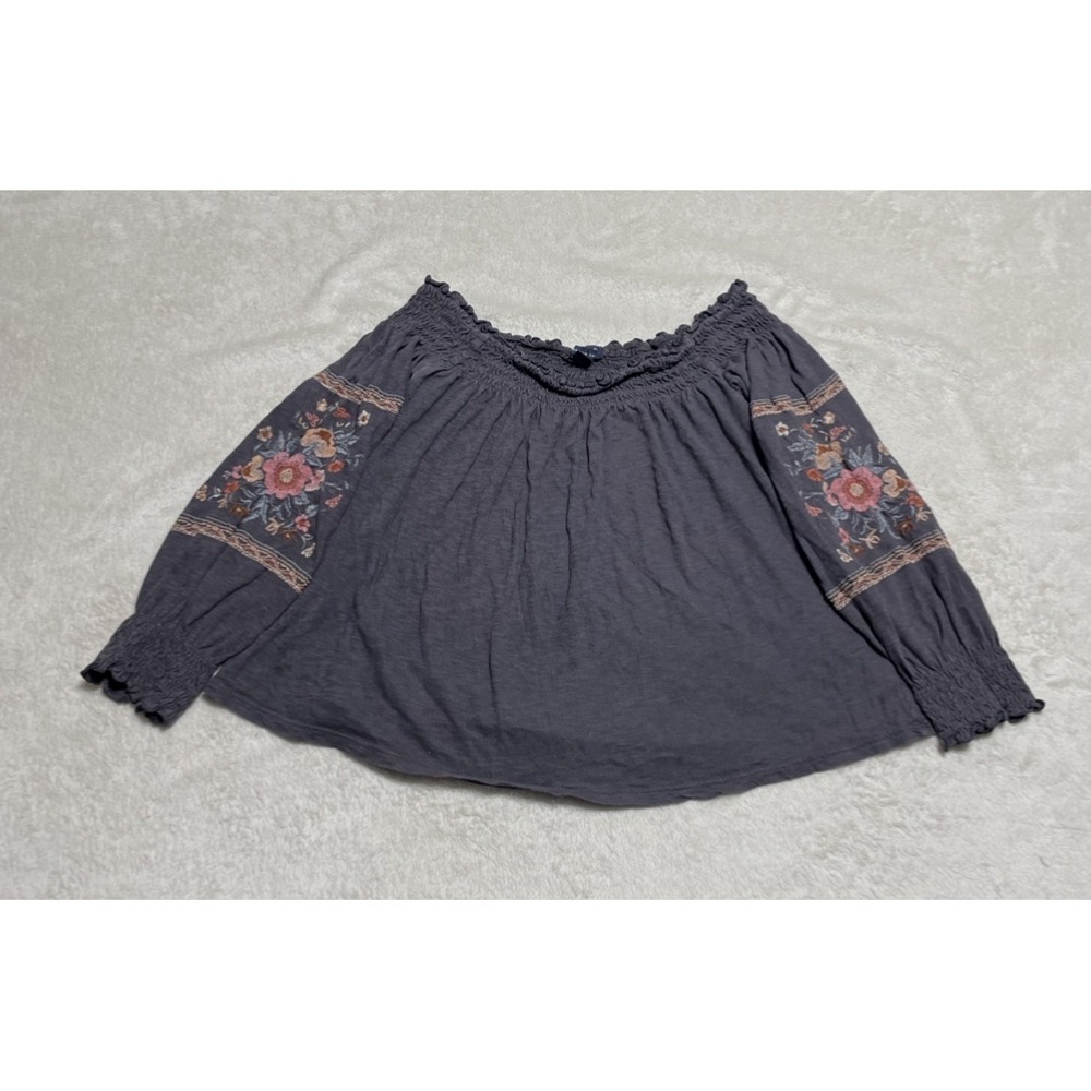 American Eagle Top Women Small Off Shoulder Crop Smocked Embroidered Floral Boho